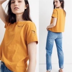 Madewell Butterfly Embroidered Eyelet Setlist Boxy Tee Mustard Size Large